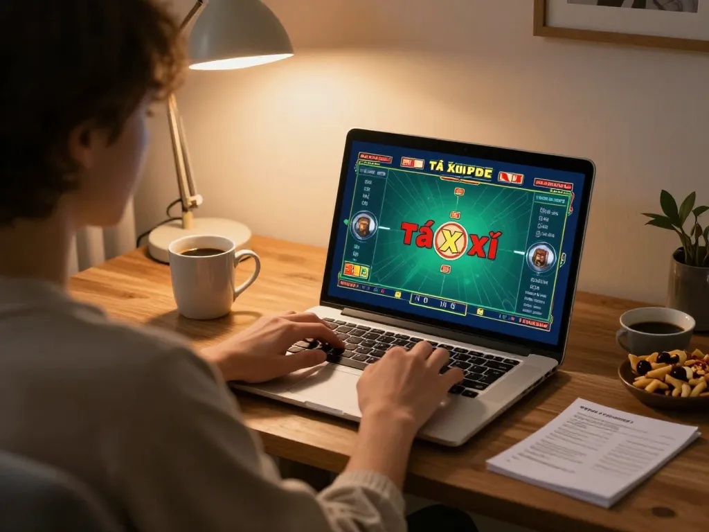 Engaging in tài xỉu online at home, laptop screen active with game play.