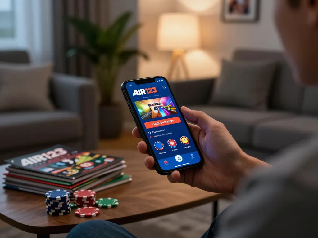 Pemain terlibat dalam perjudian online menggunakan aplikasi AIR123 di smartphone di ruang tamu yang nyaman.