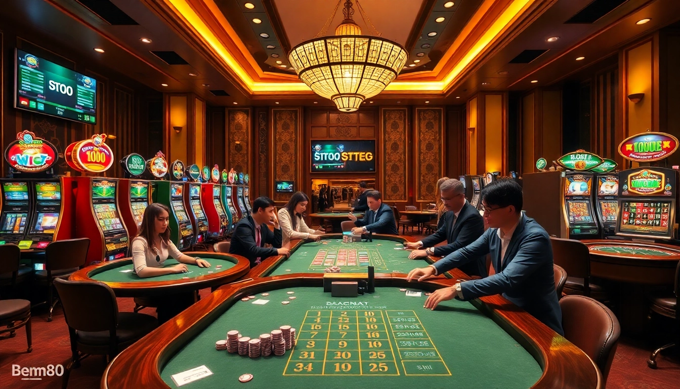 Experience the thrill of gambling at Bem88's luxurious casino scene with poker tables and vibrant slot machines.