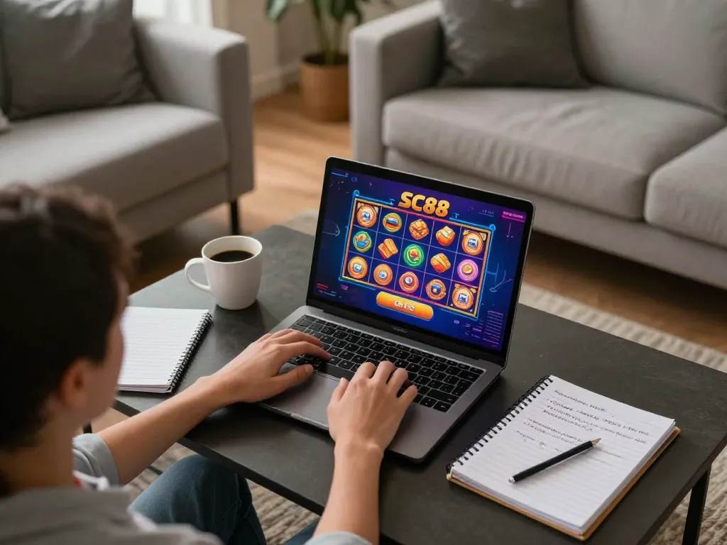 Engaging in online gambling at https://sc88.games/ on a cozy laptop setup, showcasing an interactive slot game and strategic notes.