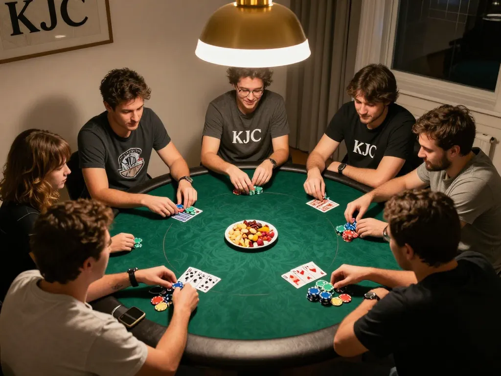 Players enjoying a KJC-branded poker game night at home with chips and cards.