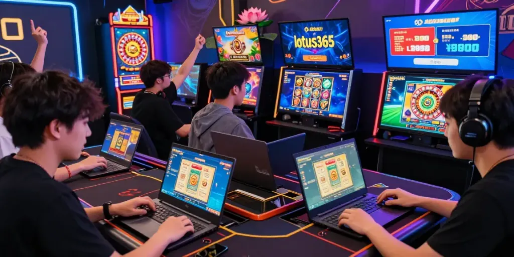 Players excitedly engaging with the lotus365 gaming platform in a vibrant online environment.