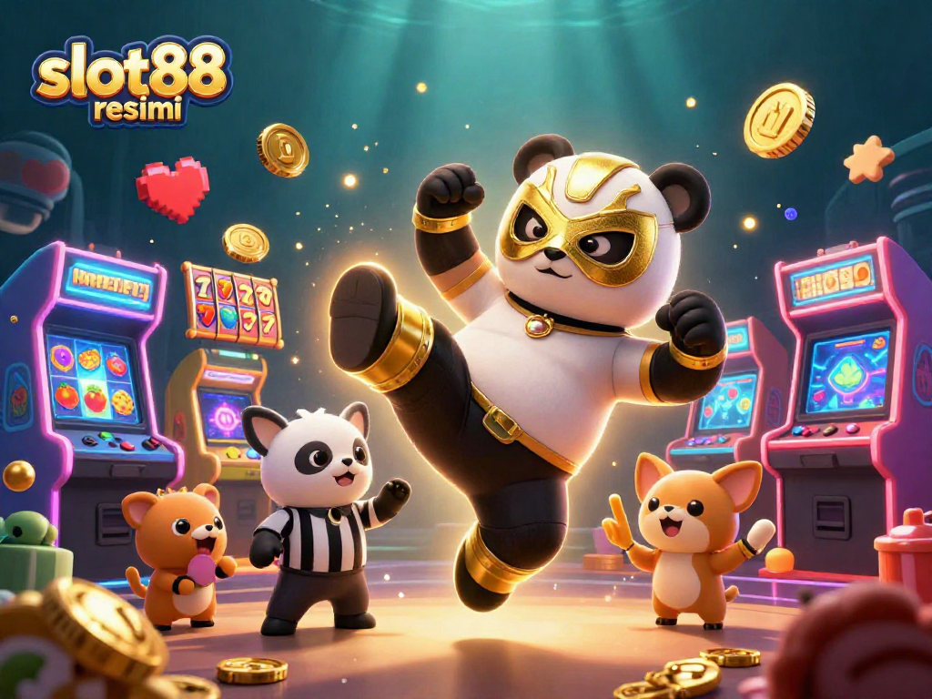 Engage with slot88 resmi in an exciting 3D gaming scene featuring a wrestler panda and vibrant slot reels.