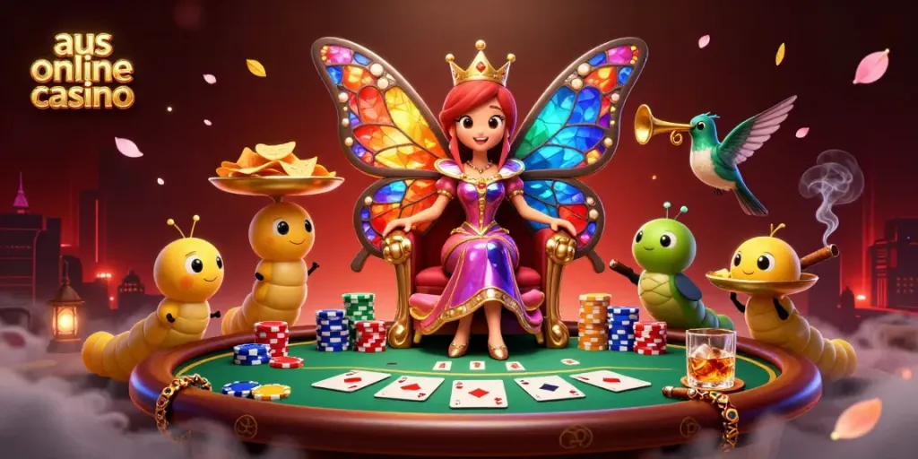 Win at aus online casino with the queen of poker in a vibrant casino scene