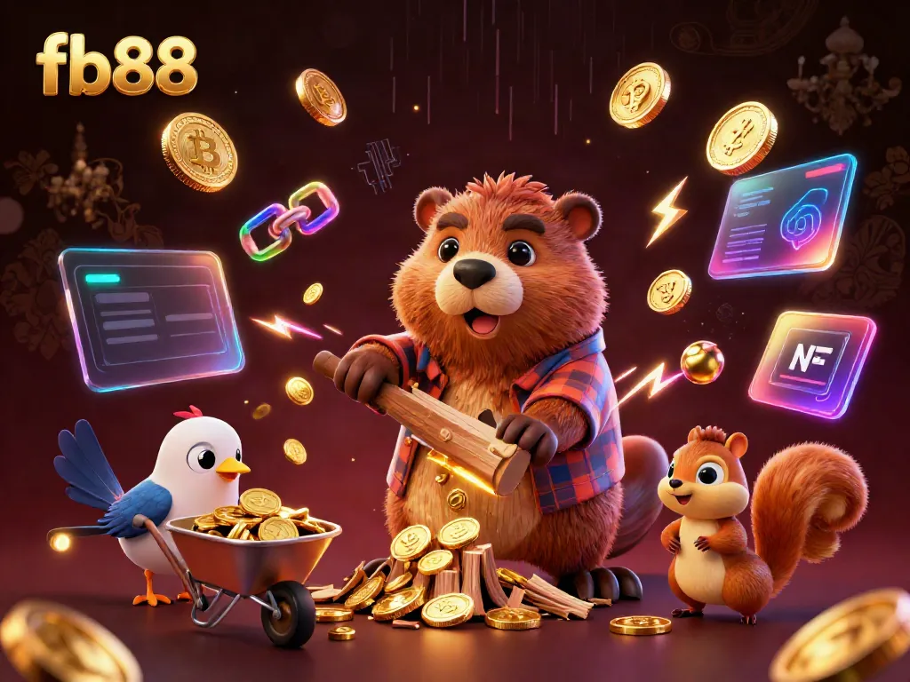 Experience thrilling gaming at fb88 with vibrant 3D characters amidst a cascade of gold coins and cryptocurrency symbols.