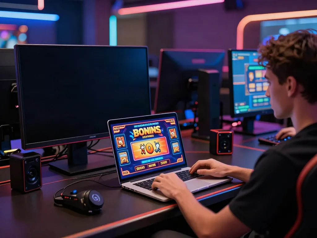 Ein Spieler genießt einen Casino Bonus ohne Einzahlung am Laptop, umgeben von bunten Spielgrafiken und modernen Gaming-Zubehör.