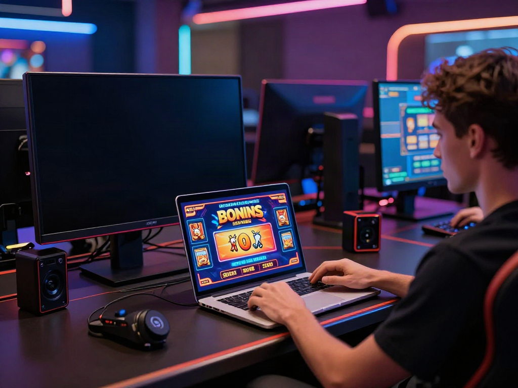 Ein Spieler genießt einen Casino Bonus ohne Einzahlung am Laptop, umgeben von bunten Spielgrafiken und modernen Gaming-Zubehör.