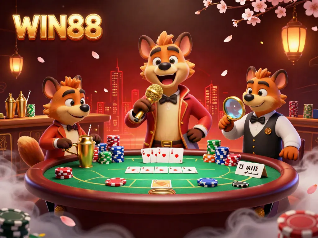 Join the fun at WIN88 with vibrant hyenas in a lively casino atmosphere, showcasing poker excitement.