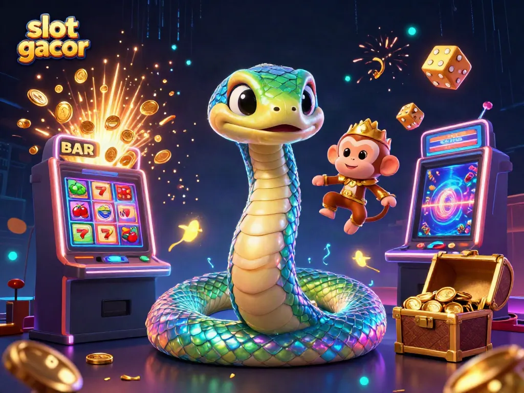 Experience the excitement of slot gacor with a vibrant 3D illustration featuring a rainbow serpent and jackpot celebration.