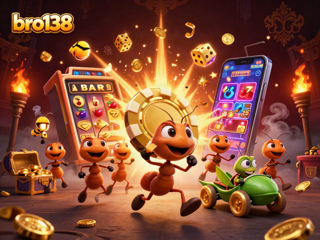 Experience thrilling gameplay with bro138 as ants embark on a casino heist amid golden chips and slot machines.