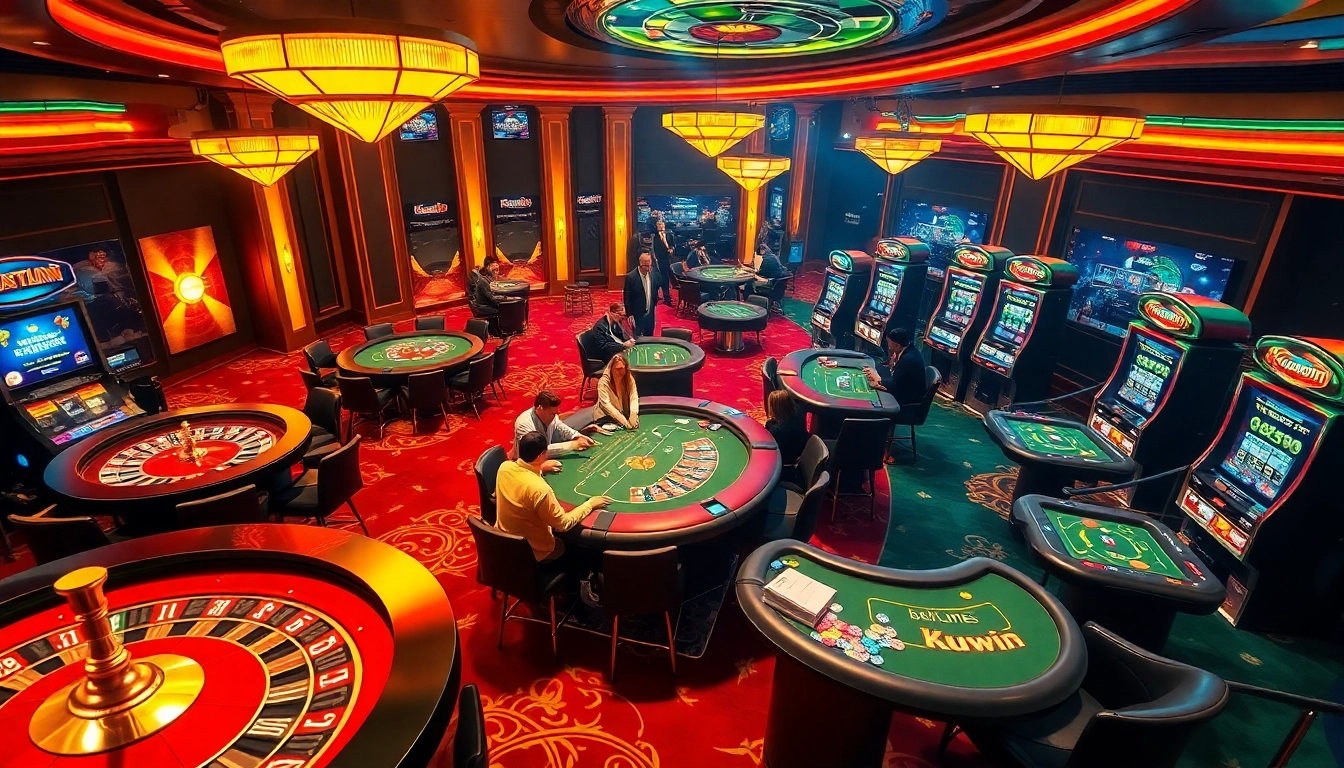 Experience the thrilling world of kuwin with vibrant casino tables and players in action.
