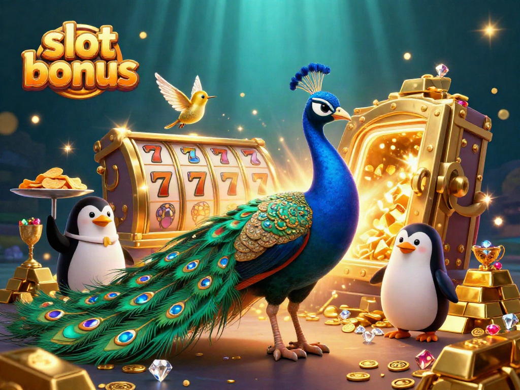 Experience the thrill of slot bonus with a peacock, penguin, and hummingbird in a treasure-filled casino scene.
