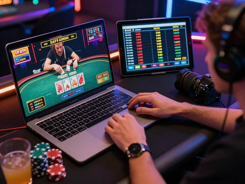 Engaging player monitoring RTP Live games on dual-screen setup during online casino session.