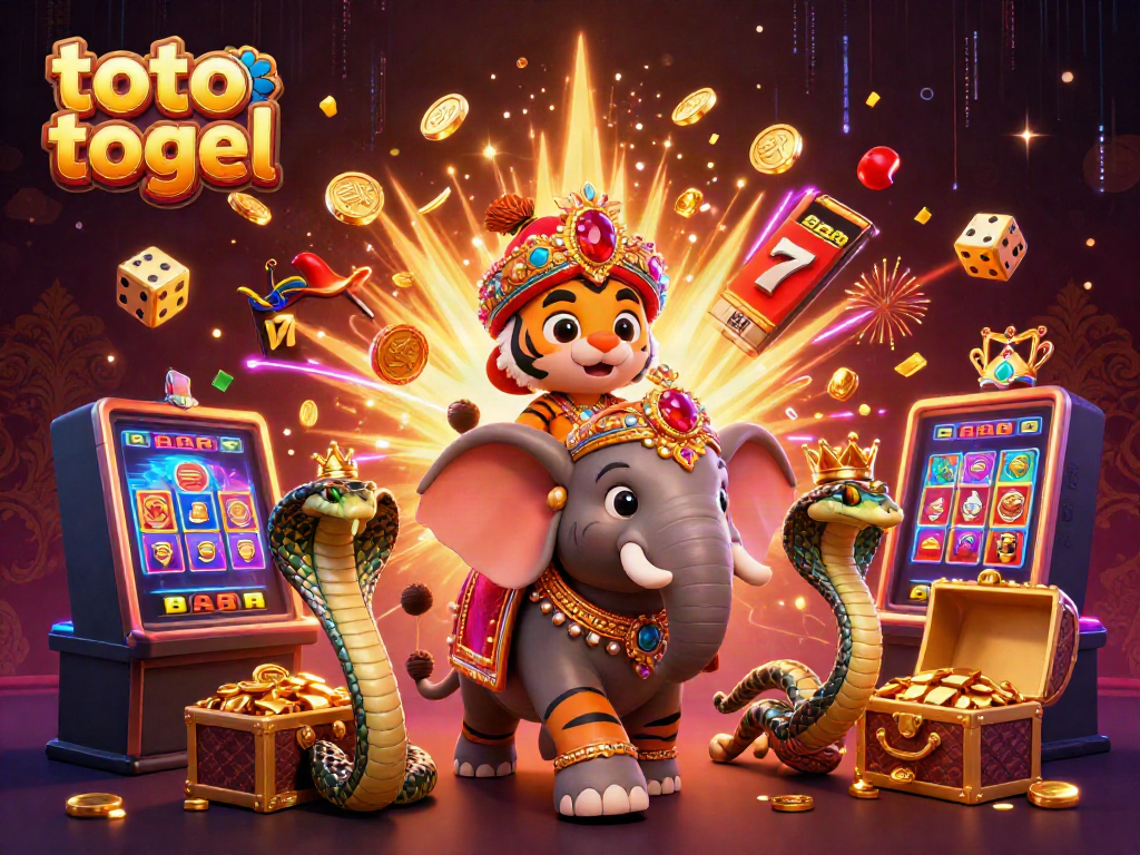 Toto togel scene featuring a royal elephant and characters celebrating a giant jackpot.