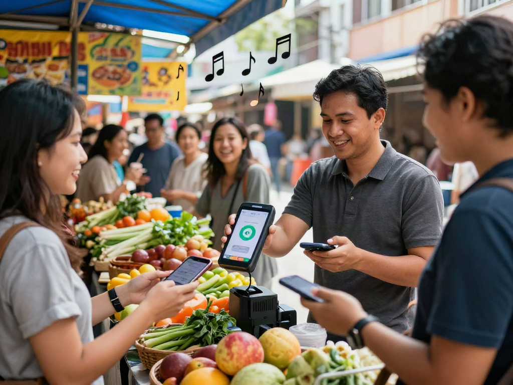 Merchant accepting slot qris payments in a vibrant urban market with customers engaged.