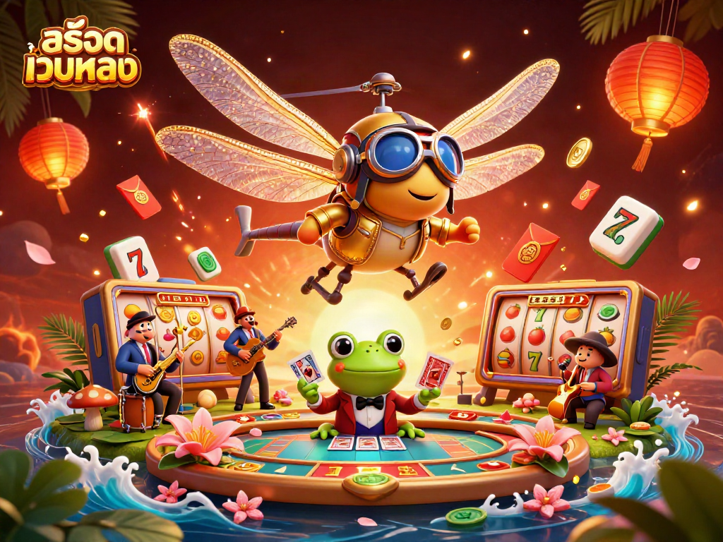 Engage with สล็อตเว็บตรง at the vibrant lily pad casino featuring a dragonfly pilot and frog croupier.