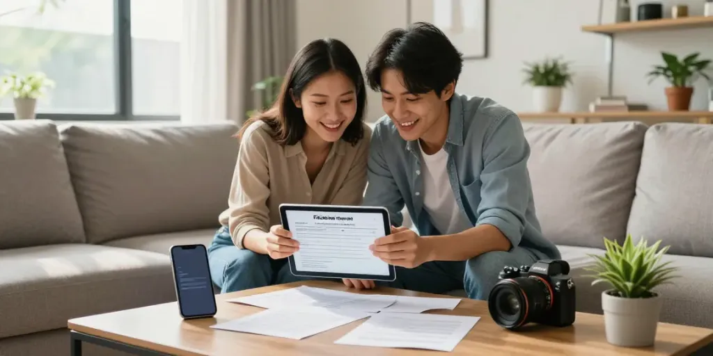 Couple applying for a personal loan online at https://www.lajucredit.net/en/ in a cozy living room.