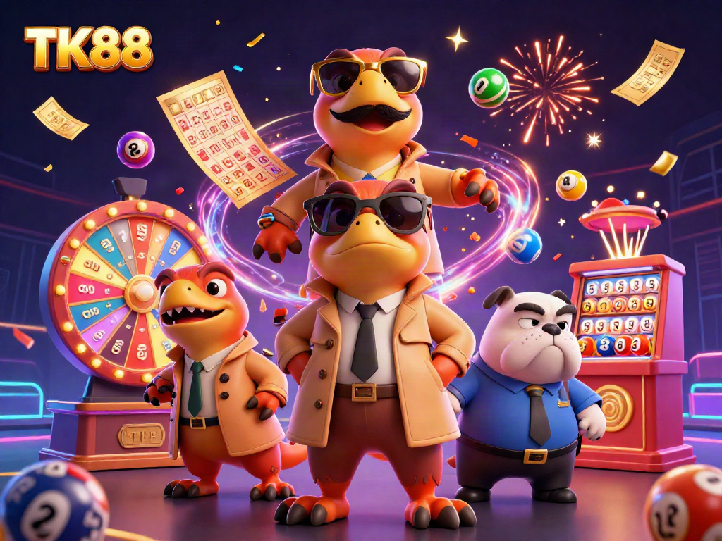 Engage with thrilling TK88 casino action featuring raptors in disguise, colorful lottery elements, and vibrant celebration.
