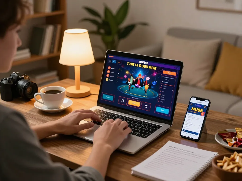 Player enjoying live dealer games on MU88, showcasing a modern gaming setup with a laptop and smartphone.