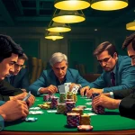 Engaged players enjoying a Poker Game at a casino table, surrounded by colorful chips and intense atmosphere.