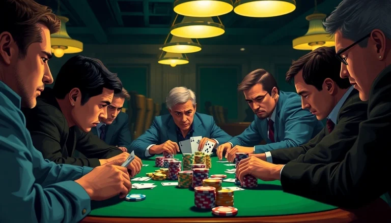 Engaged players enjoying a Poker Game at a casino table, surrounded by colorful chips and intense atmosphere.
