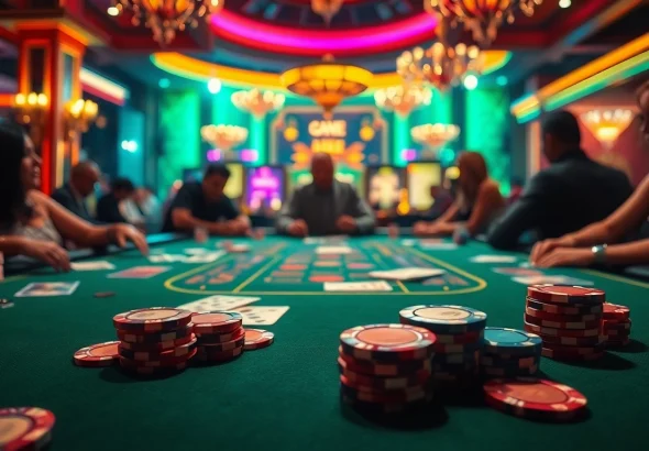 Experience the thrill of playing at a Blackjack Casino with players immersed in the game surrounded by vibrant energy.