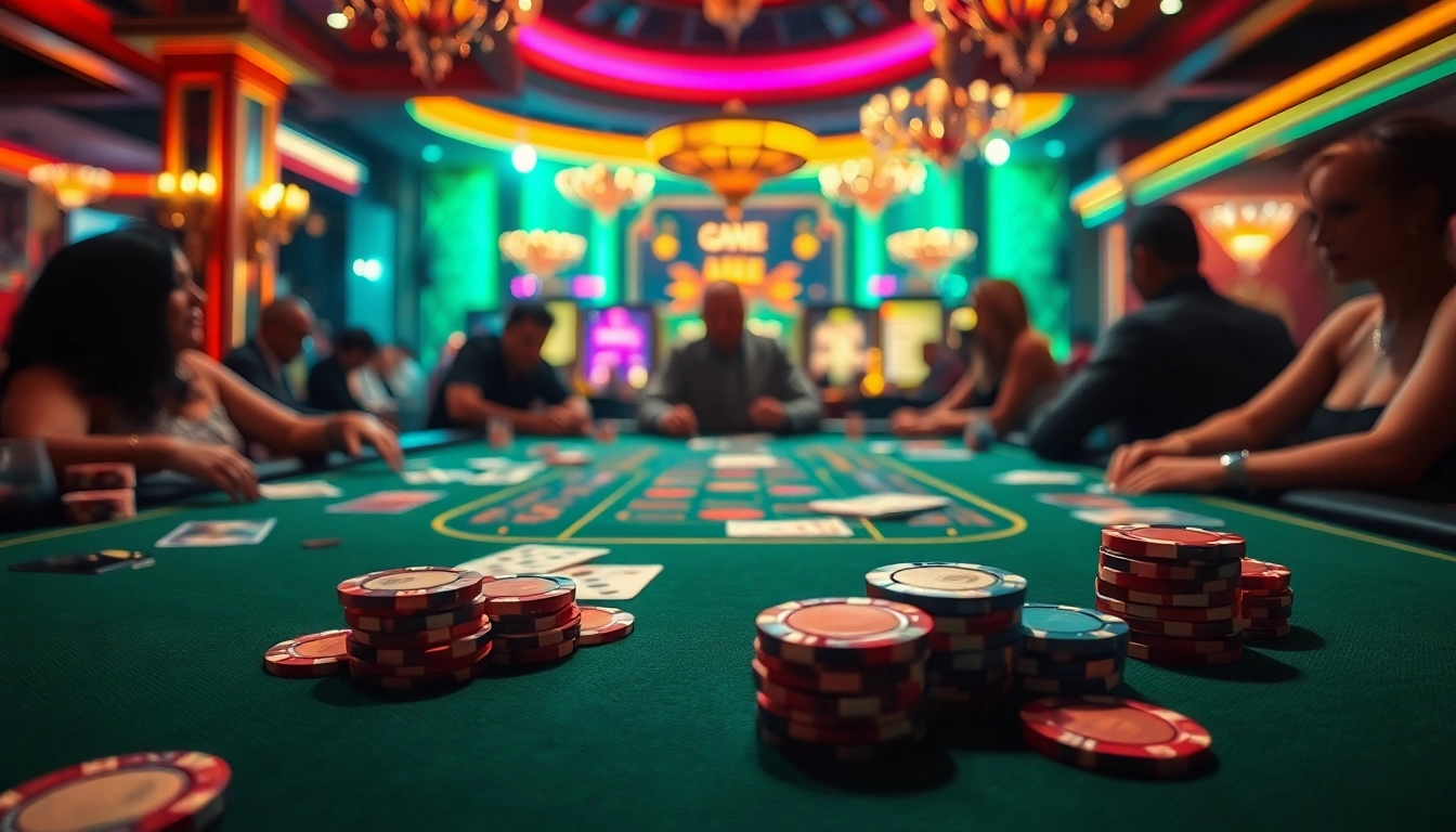 Experience the thrill of playing at a Blackjack Casino with players immersed in the game surrounded by vibrant energy.