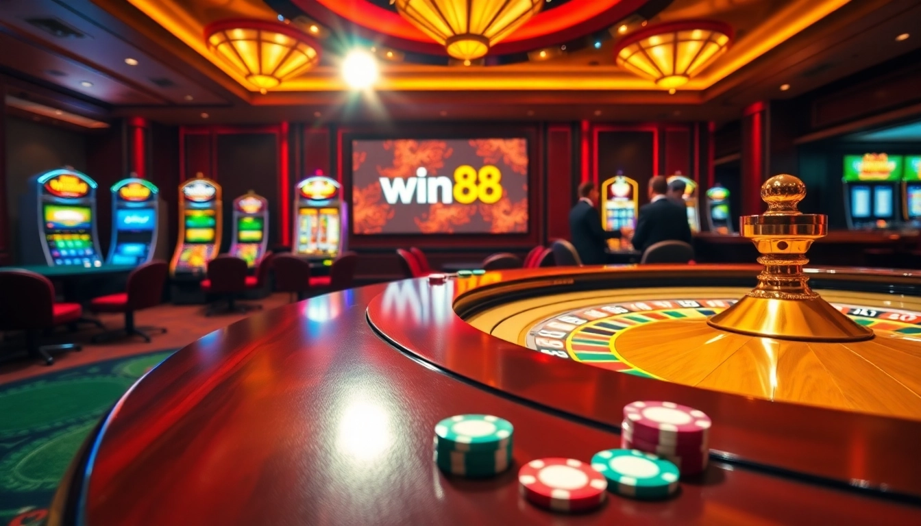 Experience thrilling gameplay with win88 at a luxurious casino setting featuring vibrant roulette and poker chips.