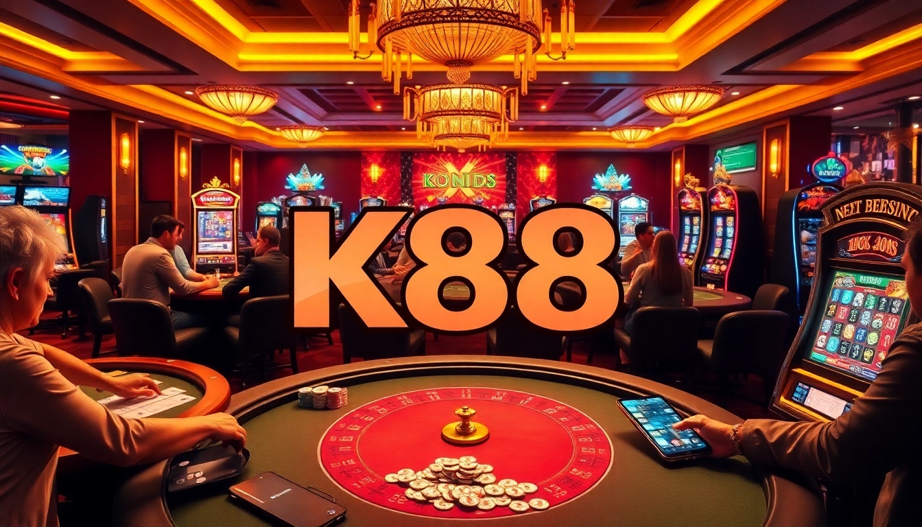 K88 logo displayed in an exciting casino scene with players enjoying poker and slots.