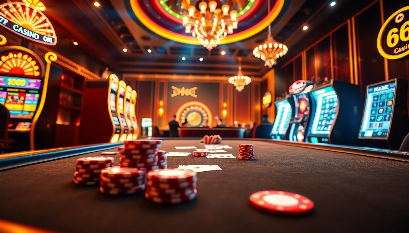 Experience the thrill of the HH666 online casino with an exciting poker table, roulette wheel, and vibrant slot machines.