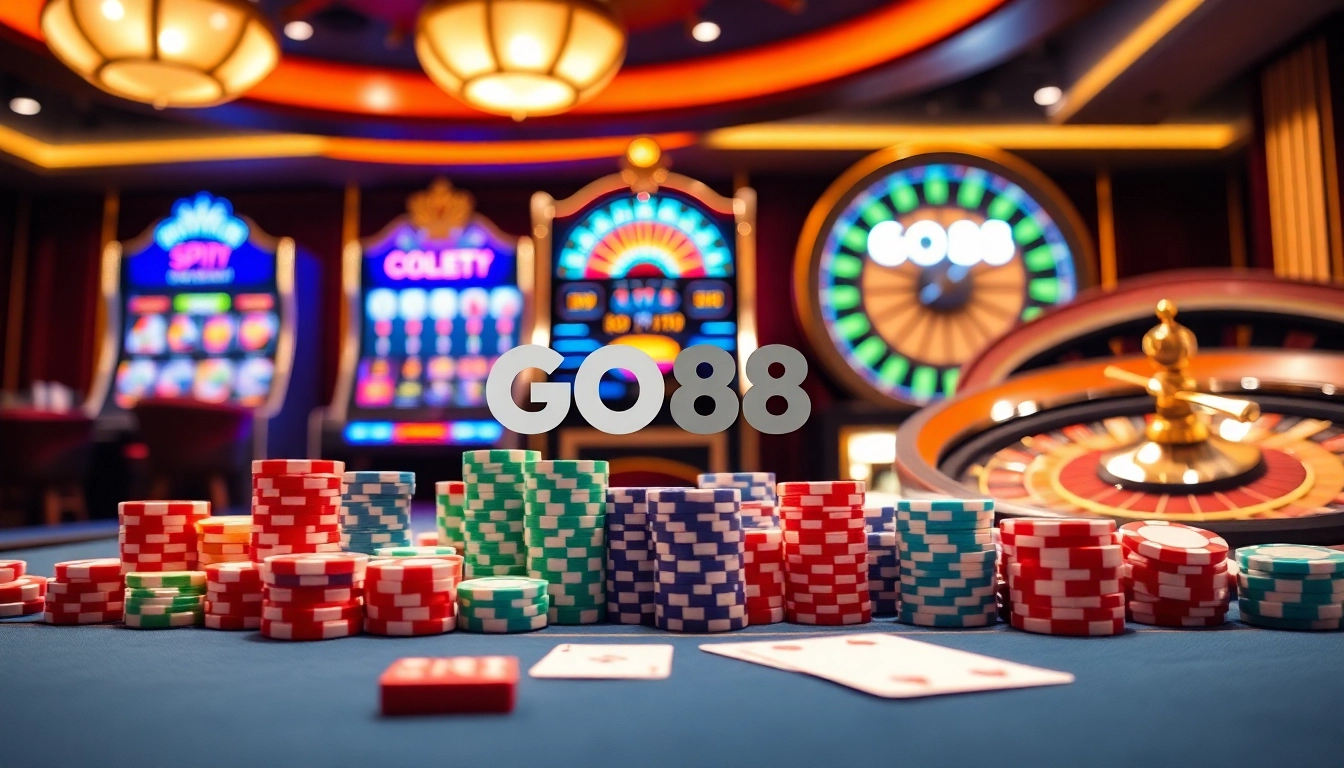 GO88 casino scene featuring a vibrant gambling table with colorful chips and dice.