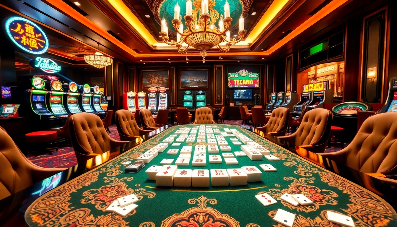 Adegan kasino yang menarik menampilkan permainan mahjong dengan suasana mewah dan ubin berwarna-warni.
