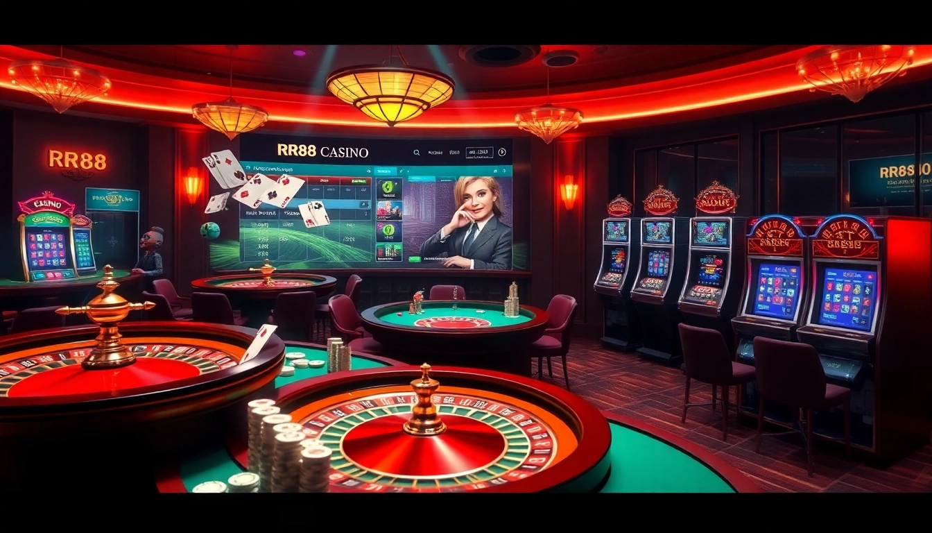 Experience RR88's luxury casino ambiance with vibrant roulette and engaging slot games.