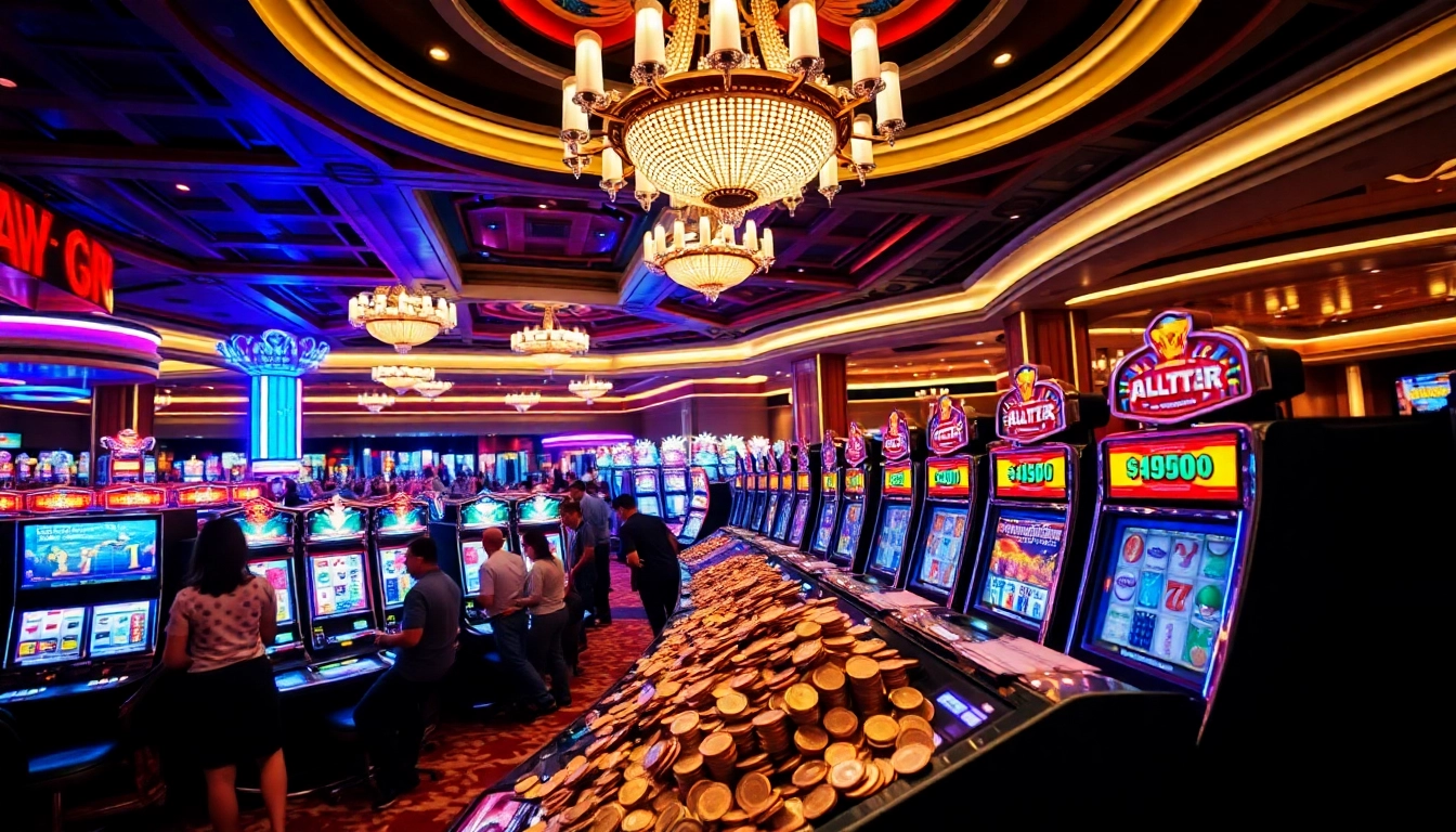 Excited players spinning the slot machines in a luxurious casino atmosphere.