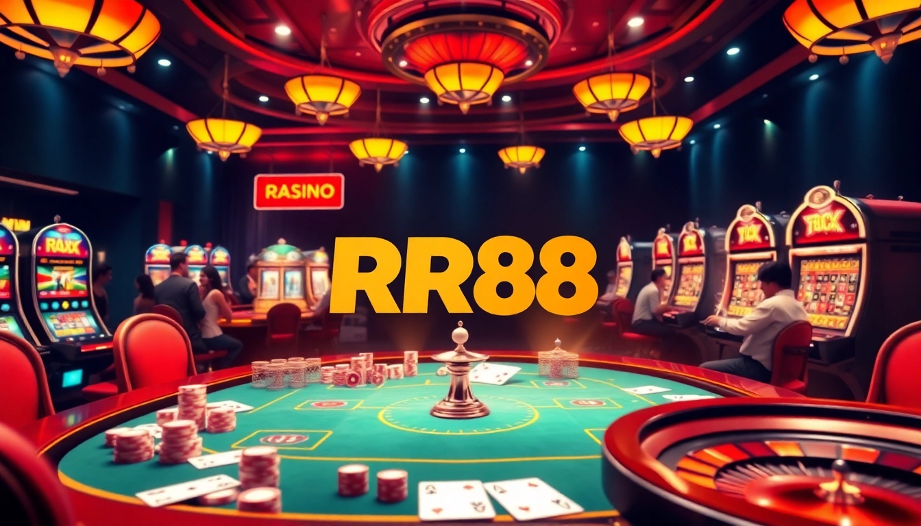 RR88 logo featured at an exciting online casino scene with vibrant poker chips and roulette.