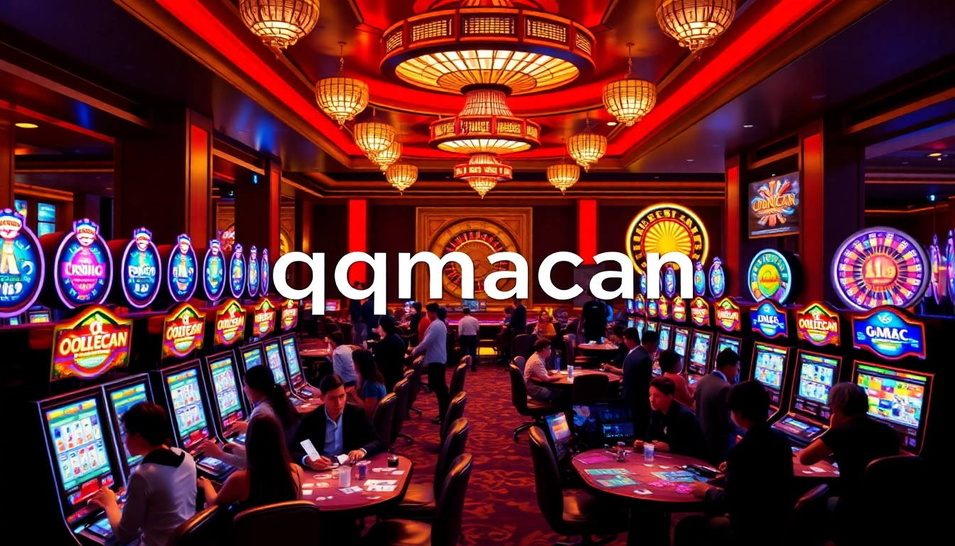 Experience the thrill of qqmacan with vibrant slot machines and captivated players in a luxurious casino setting.