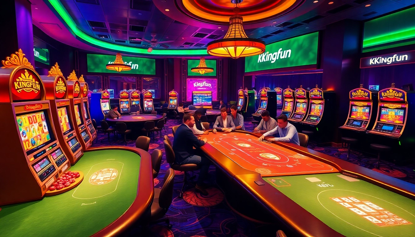 Experience the thrilling gaming atmosphere with Kingfun's vibrant casino scene featuring poker and slot machines.