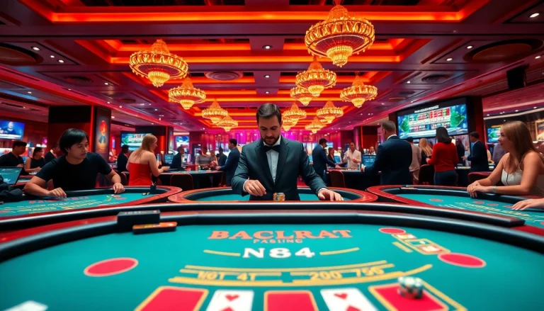 에볼루션 카지노 환경에서 게임을 즐기는 다양한 플레이어들과 세련된 딜러.