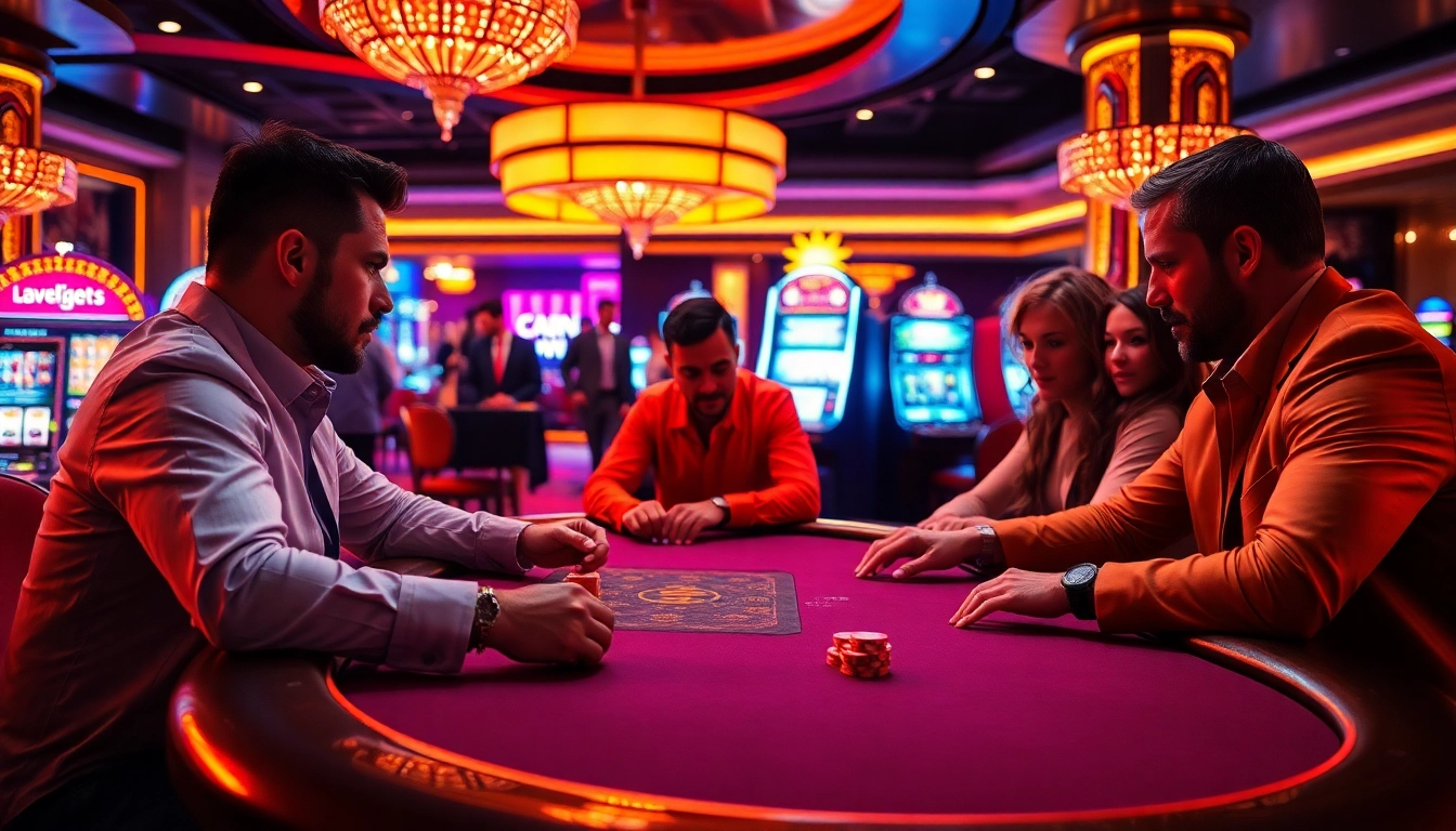 Players enjoying a luxurious poker game at 8kbet casino table with vibrant atmosphere.