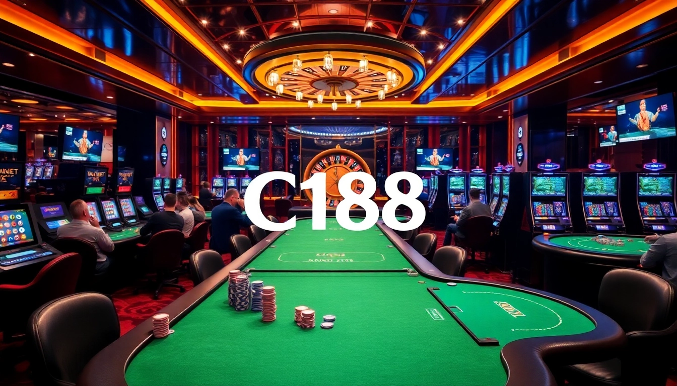 C168 logo enhancing an exciting scene of gamblers at a vibrant casino.