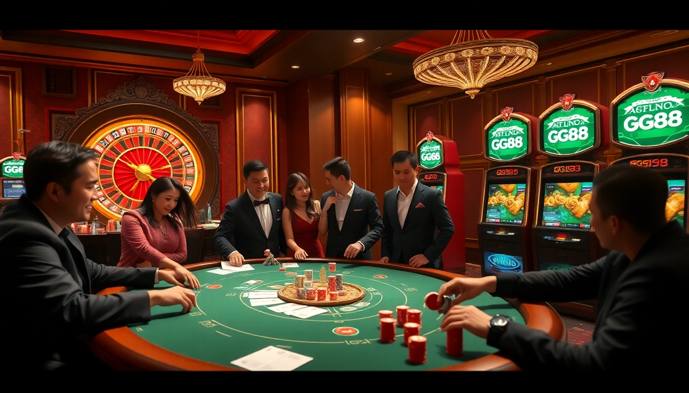 Exciting casino gaming scene at GG88 with lavish poker tables, vibrant slot machines, and enthusiastic players.