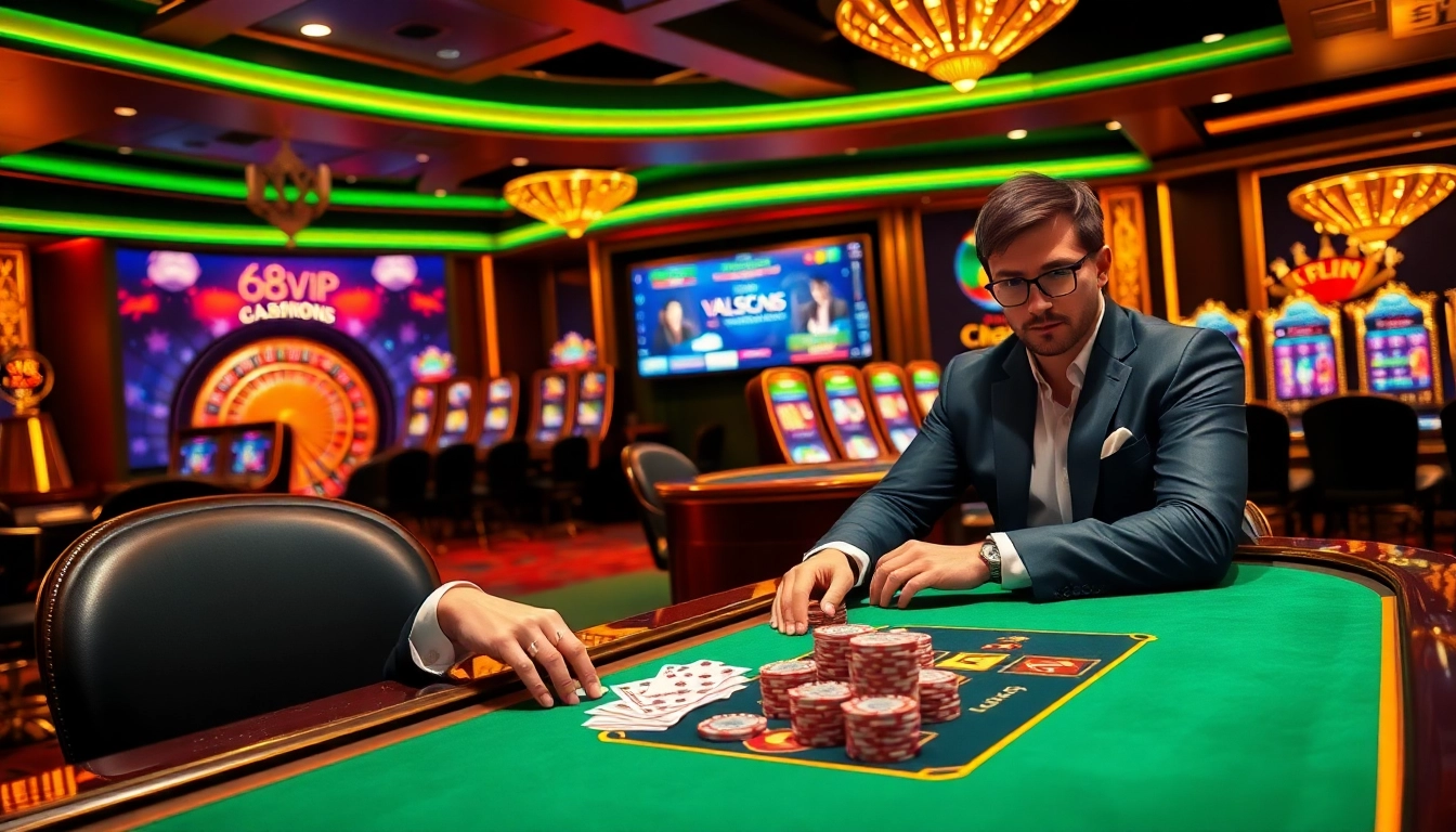 Players enjoying games at 68VIP casino, with poker chips and roulette wheel.