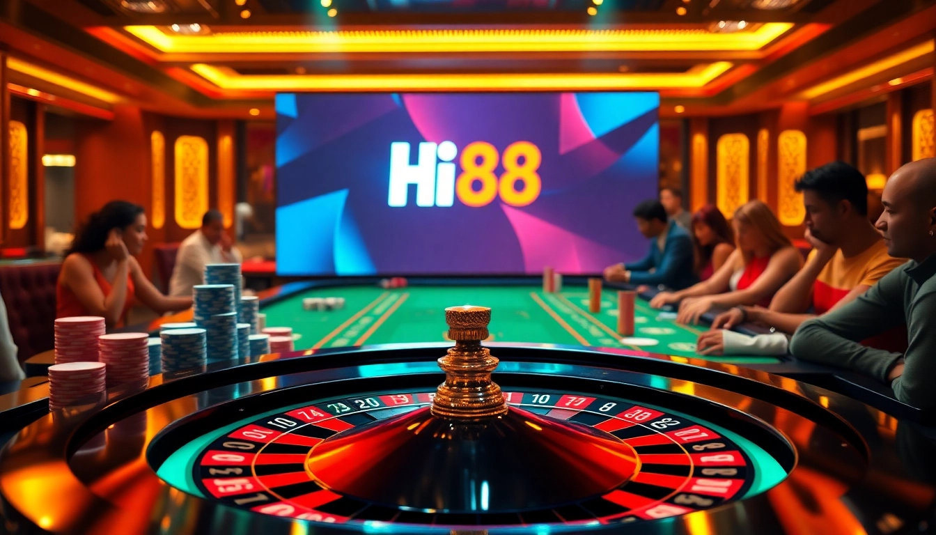 Hi88 players betting at a casino table, highlighting excitement and luxury in gambling.