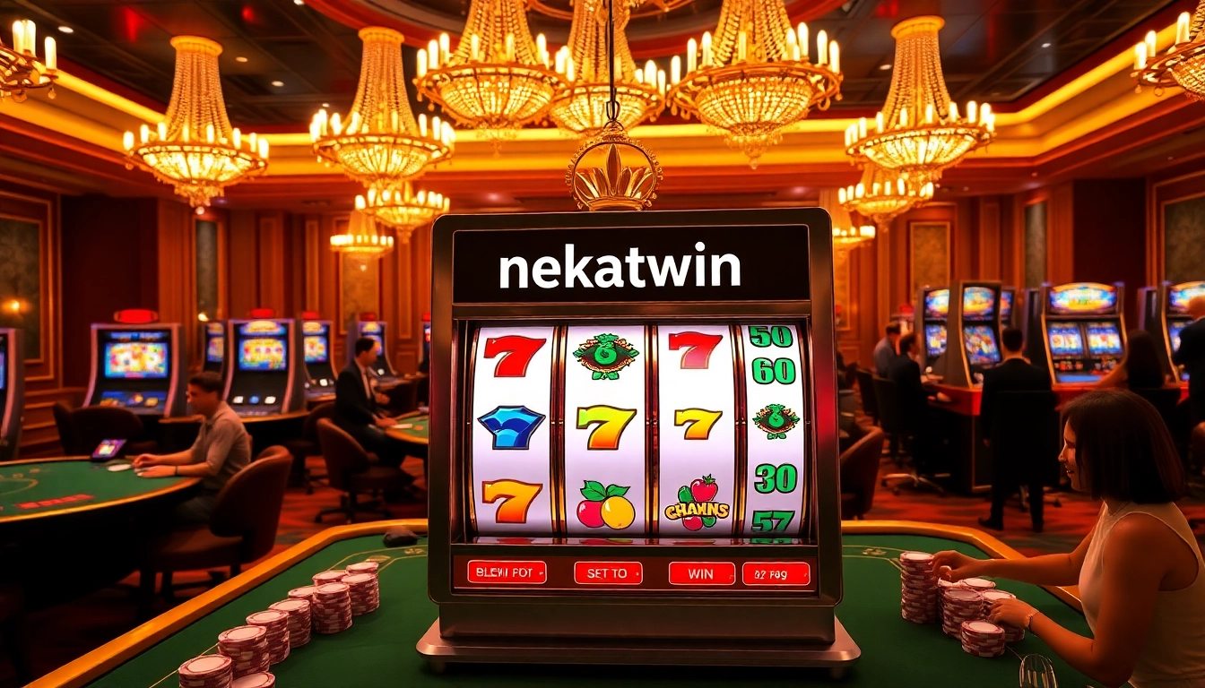 Players experience the excitement of nekatwin slot machines in a luxurious casino atmosphere.