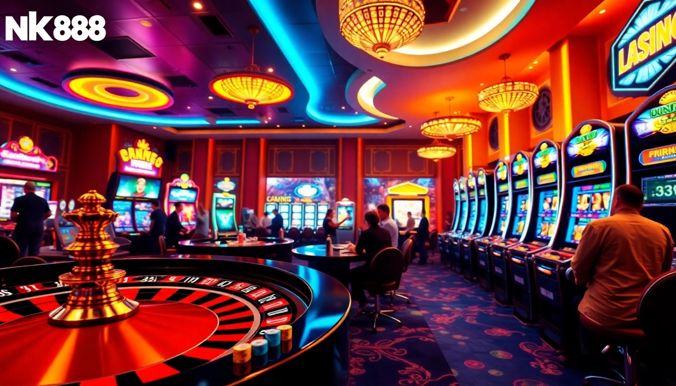 Experience thrilling online gambling at nk88 with vibrant roulette, poker chips, and slot machines.
