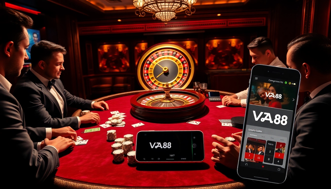 Excited players enjoying poker at VA88 casino, showcasing elegance and thrilling atmosphere.