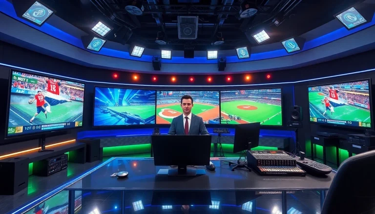 Sports Broadcasting setup with an anchor presenting live sports news in a vibrant studio.