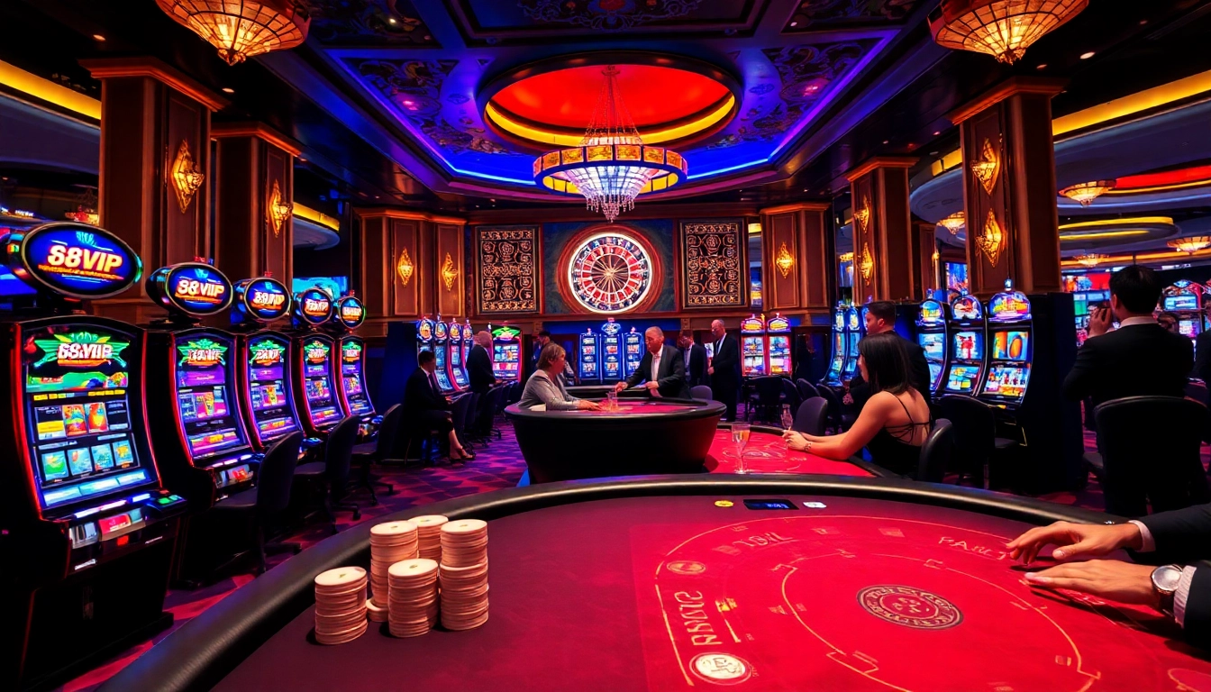 Experience the thrilling atmosphere of 68VIP with excited gamblers at luxurious poker tables.