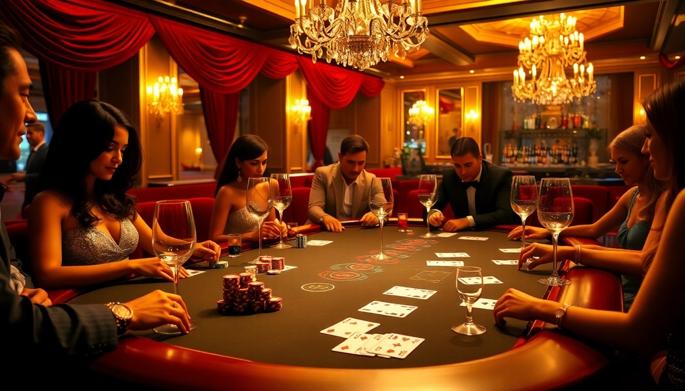 Casino players enjoying an exciting poker game at the gamequeen table, surrounded by vibrant chips and cards.