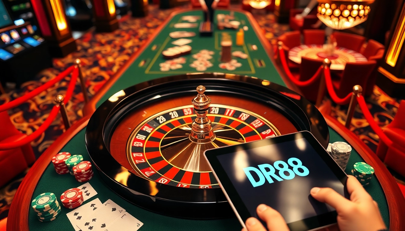 Exciting casino atmosphere showcasing a roulette table and online DR88 gambling interface.